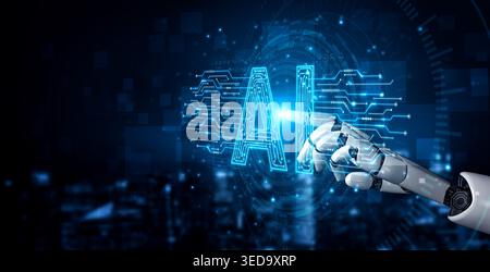Futuristic robotic hand pointing towards illuminated letters representing artificial intelligence in a digital environment with blue tones Sigmoid Stock Photo