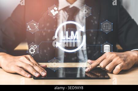 Business professional interacting with digital interface showcasing large language model technology and data management symbols for innovation and Stock Photo