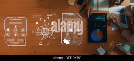 Abstract Representation of Data Analysis and AI Integration with Creative Workstation Setup Featuring Charts and Diagrams Fluxor. Stock Photo