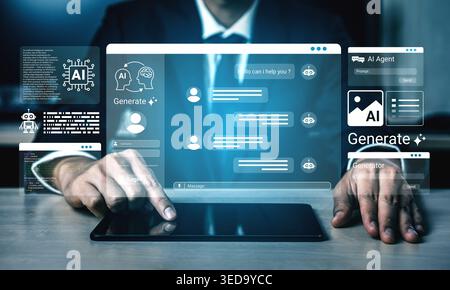 A business professional interacts with a digital interface showcasing AI technology, highlighting chatbot features and virtual assistants to improve Stock Photo
