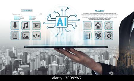 Modern Technology Concept with AI Agent Interface and City Skyline Background Displaying Data Processing and Interaction Features Fluxor. Stock Photo