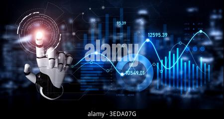A robotic hand engages with a virtual interface displaying financial data and analytics, showcasing innovation and technology role in the business Stock Photo
