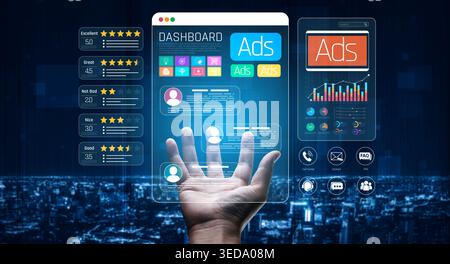 Interactive Digital Dashboard Interface Displaying Advertising Data and Analytics with Hand Gesture Overlay on City Background Sigmoid Stock Photo