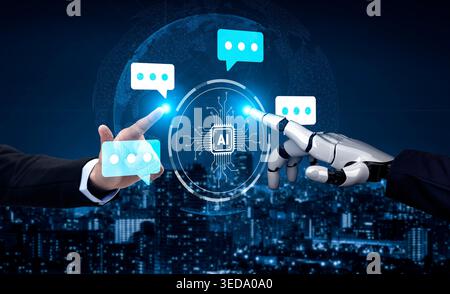 A striking image depicting a human hand and a robotic hand touching with communication bubbles, symbolizing the connection between technology and Stock Photo