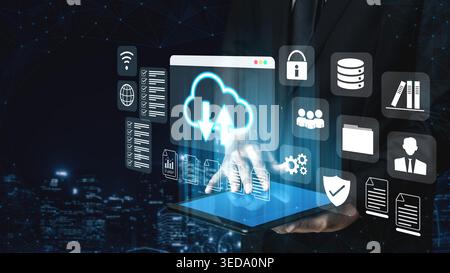 Cloud upload and download icon with surrounding data management, security, and analytics icons in digital interface Parse Stock Photo