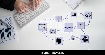 Hands Typing on Keyboard with Flowchart Elements for No-Code Solutions in a Modern Workspace Environment Featuring Data Visualization and Technology Stock Photo