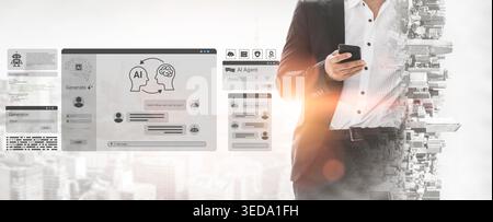 A professional man interacts with an AI communication tool on his smartphone, surrounded by a digital cityscape. The image showcases innovative Stock Photo