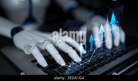 A futuristic robotic hand interacts with a laptop, showcasing rising graphs and data analytics to represent technological growth and artificial Stock Photo