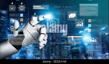 A robotic hand interacts with a sophisticated digital interface, featuring AI security icons and data graphs, representing cutting-edge technology and Stock Photo