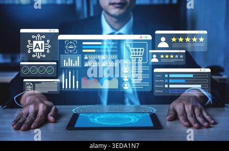 A businessman engages with a futuristic interface displaying data analytics, AI insights, and e-commerce metrics in a sleek, modern office environment Stock Photo