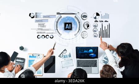 A diverse business team collaborates on advanced data analysis, utilizing technology to explore artificial intelligence strategies and visualize key Stock Photo