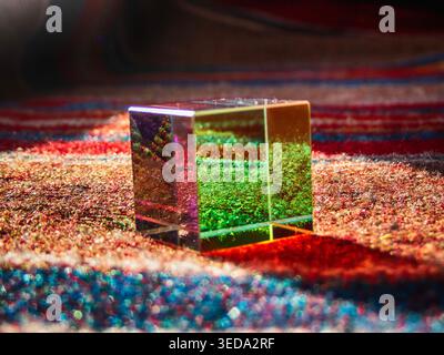 Multicolor cubic glass prism in the light object and background Stock Photo