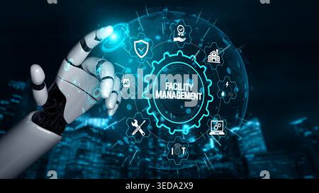 Robotic Hand Interacting with Digital Interface for Facility Management in a Futuristic Urban Environment Fluxor. Stock Photo