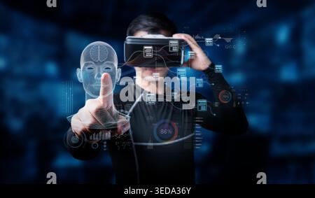 Explore a cutting-edge virtual reality experience showcasing human interaction with advanced analytics and artificial intelligence, highlighting Stock Photo