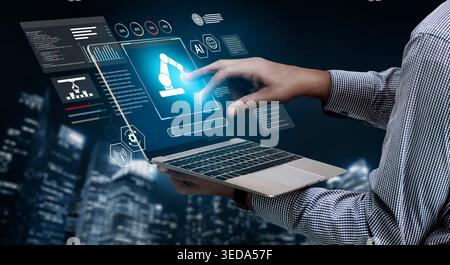 Robotic process automation enhances industrial efficiency through AI integration, intelligent control, and data-driven automation, improving workflow Stock Photo
