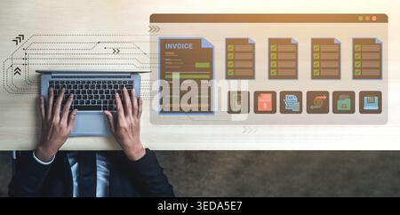 A business professional is working on a laptop while managing digital invoices and documents in a modern office. Focus on efficiency and technology in Stock Photo
