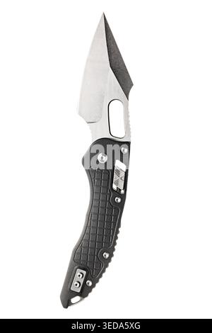 Tactical Folding Knife with Black Textured Handle on white Background Stock Photo