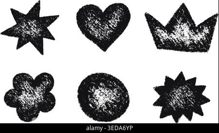 Crayon doodle sticker shapes set. Hand drawn circle, heart, star icons. Graphic element for fun collages. Kid sketch drawing. Vector pencil Stock Vector