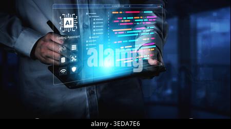 A person interacts with a tablet showcasing a futuristic coding assistant, emphasizing technology and data analysis in a modern digital setting Stock Photo