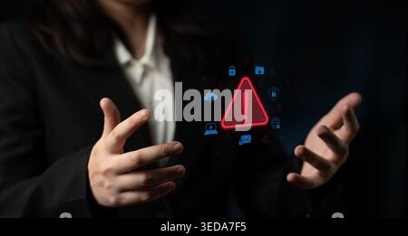 Cybersecurity threat alert protects data. Cyber security threat alert prevents access, alert warns breach, defends system, and cyber security threat Stock Photo