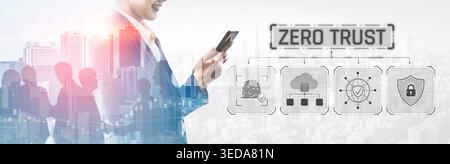 Businessman Using Smartphone with Zero Trust Concept Graphic and City Skyline in Background Sigmoid Stock Photo