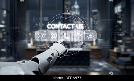 A futuristic robot hand points towards various digital contact options in a sleek modern office, offering a striking night cityscape backdrop Stock Photo