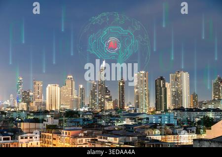 Smart city skyline at night with digital global network, brain AI and circuit board overlay. Concept of futuristic urban technology and internet of th Stock Photo