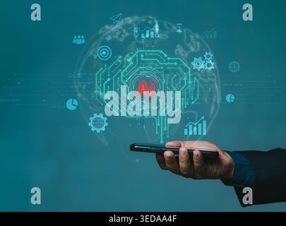 Businessman hand holding smartphone with virtual digital brain AI icon and world map background. Futuristic mobile technology and machine learning con Stock Photo