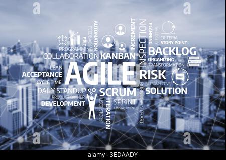 A visual representation of agile methodology concepts in project management, showcasing key terms and icons related to kanban, scrum, and team Stock Photo