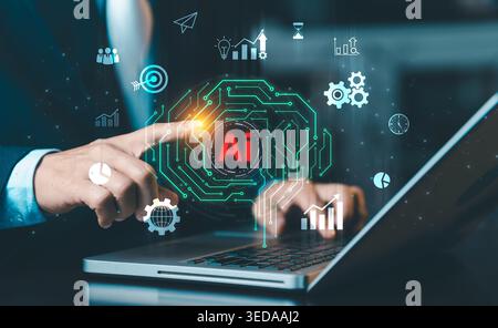 Advanced AI artificial intelligence concept. Circuit brain icon on virtual screen representing deep learning, neural network, and future digital techn Stock Photo
