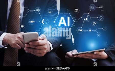 A concept of a comprehensive AI business suite. This integrated platform provides tools for all business needs, including e-commerce, marketing, cloud Stock Photo