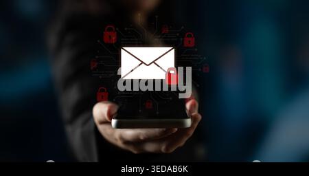 Concept of email security and cybersecurity for confidential communication. Message encryption ensures data privacy and protection from unauthorized Stock Photo