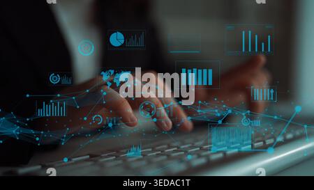 A business professional interacts with a digital interface displaying various data visualizations, showcasing modern data analysis methods in a sleek Stock Photo