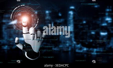 A futuristic robotic hand reaches out to interact with a digital interface, representing the convergence of advanced technology and smart city Stock Photo