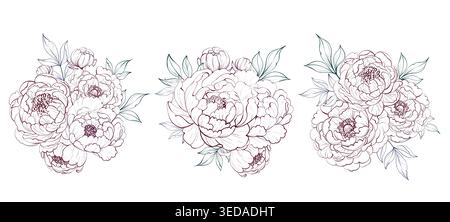 Peony bouquet set floral compositions collection. Romantic arrangements for wedding design, decor and invitations Stock Vector