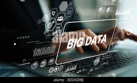 Innovative Business Concept with Big Data Visualization on Modern Laptop Display in Office Environment. Asymptotic smart data analytic. Stock Photo