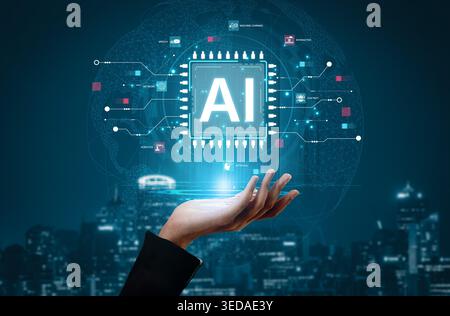 A technical diagram illustrating the core capabilities of Artificial Intelligence. This includes machine learning, robotics, speech recognition, and Stock Photo