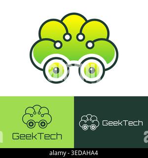 Icon of a human head in the shape of a cloud, wearing glasses. Geek tech connection logo. Stock Vector