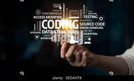 A close-up of a hand presenting various coding concepts, showcasing essential programming keywords and terms in a visually engaging manner. Ideal for Stock Photo
