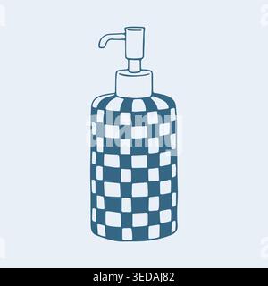 Hand drawn vector illustration of a liquid soap dispenser with a checkered pattern. Stylish blue line art for modern bathroom interior and hygiene Stock Vector