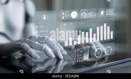A humanoid robot interacts with a sleek digital interface. The display showcases various analytics and performance data visualizations, highlighting Stock Photo