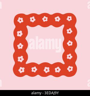 Minimalist square frame with wavy edges and red floral pattern ornament on pink. Creative vector doodle border for cute spring theme designs and Stock Vector