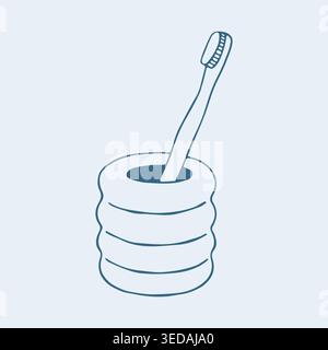 Hand drawn vector illustration of a single toothbrush in a ribbed ceramic holder. Minimalist blue line art for dental care and bathroom organization Stock Vector
