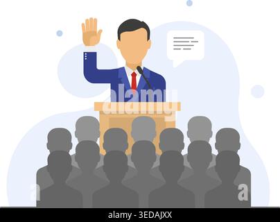 Flat vector of a man in a suit at a podium addressing an audience during a conference or political event. Stock illustration. Stock Vector