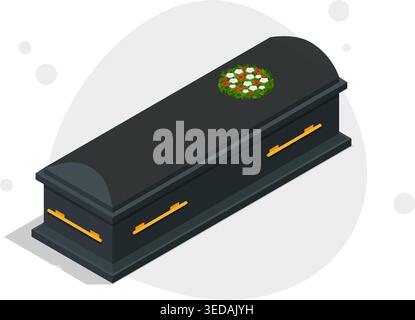 Isometric coffin with floral wreath symbolizing funeral ceremony, mourning, death, and memorial services in a minimal design. Stock illustration. Stock Vector