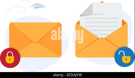 Flat illustration of locked and unlocked envelopes representing secure email, data privacy, and digital communication. Stock Vector