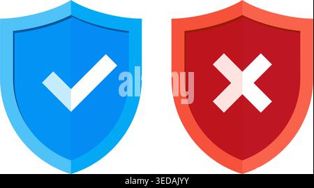 Flat design shields with checkmark and cross icons representing security, approval, rejection, safety, and risk control concepts. Stock illustration. Stock Vector