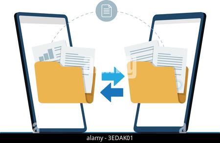 Vector illustration of two mobile phones syncing folders and exchanging digital documents via cloud stock illustration. Stock Vector