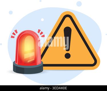Flat design of warning triangle with exclamation mark and flashing siren, symbolizing emergency alerts, danger, and safety awareness. Stock Vector