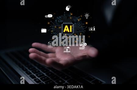 A concept of a global AI platform providing integrated business solutions. This central intelligence powers worldwide operations, from data analysis Stock Photo